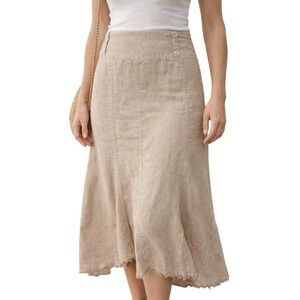 100% Linen Midi Skirt Women Size L Beige A-Line Asymmetrical Hem Boho Minimalist